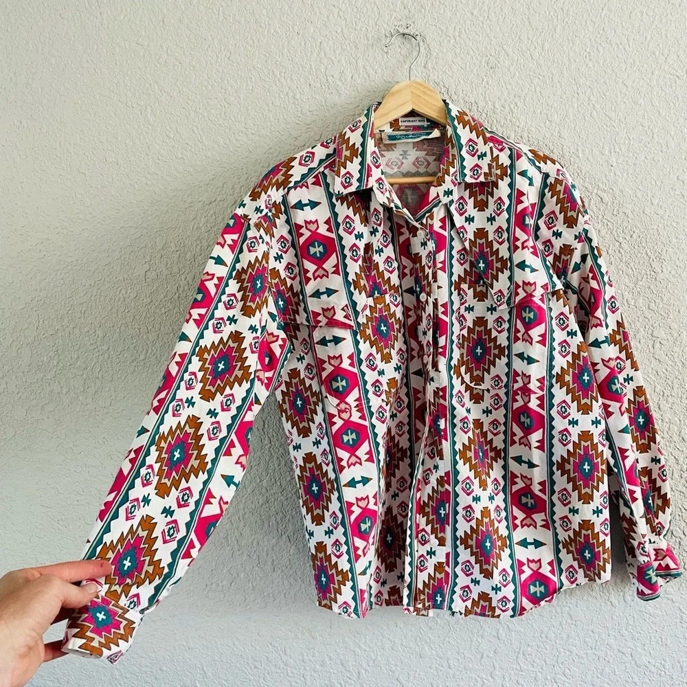 Vintage Geometric Button Down Shirt - Pink, Brown, Blue - Picture 5 of 13